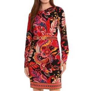 London Times Red Floral Jewel Neck Belted Sheath Dress Size 4 Women’s